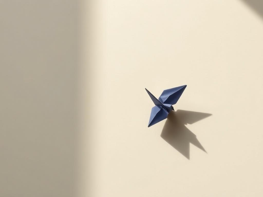 A single folded paper crane casting a long shadow on a pale wall