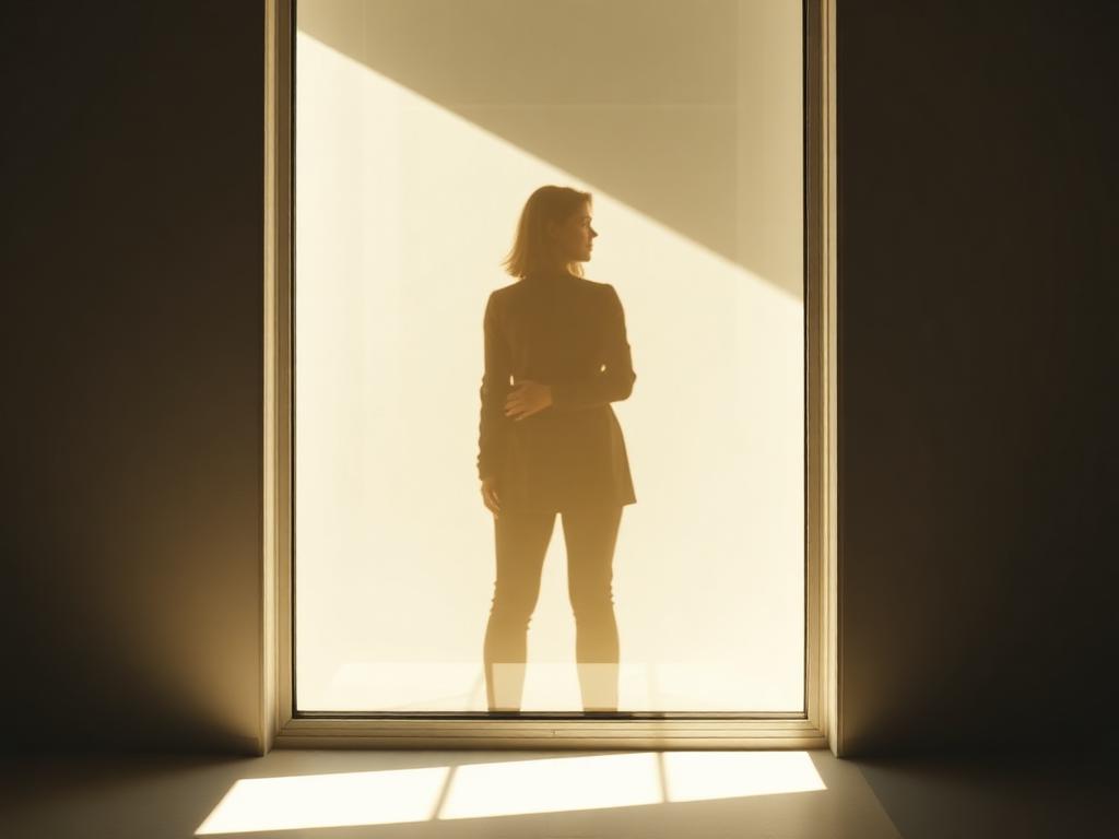 Silhouette of a person standing in a sunlit doorway, looking away