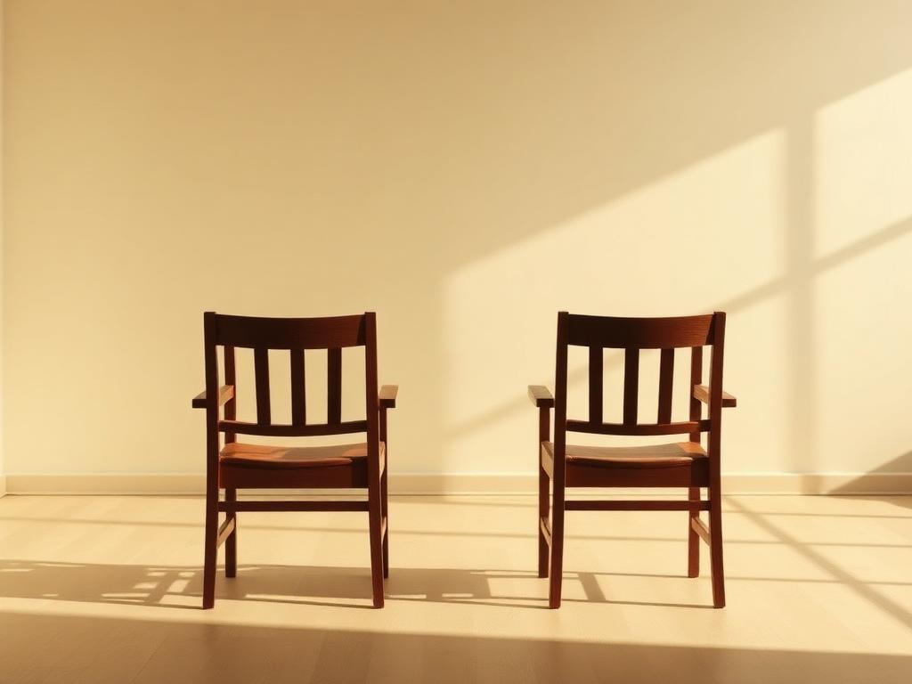 Two empty wooden chairs facing each other in a bright, quiet room