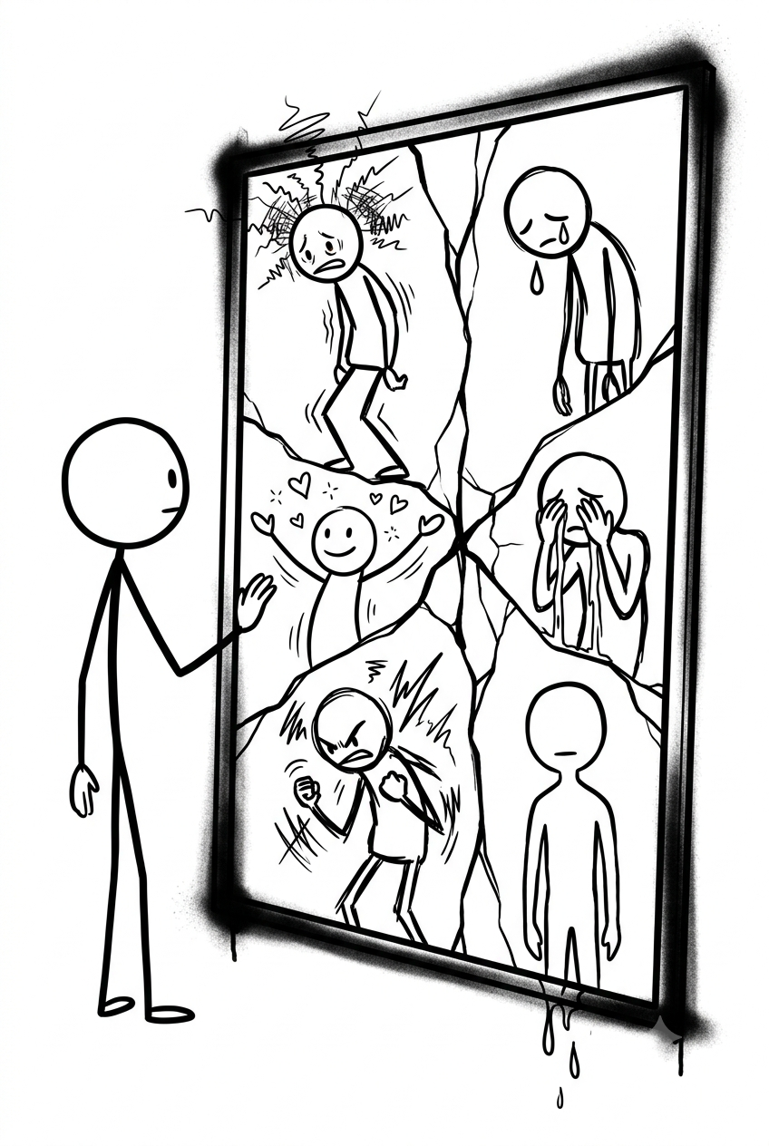 A person looking into a mirror filled with different emotional selves